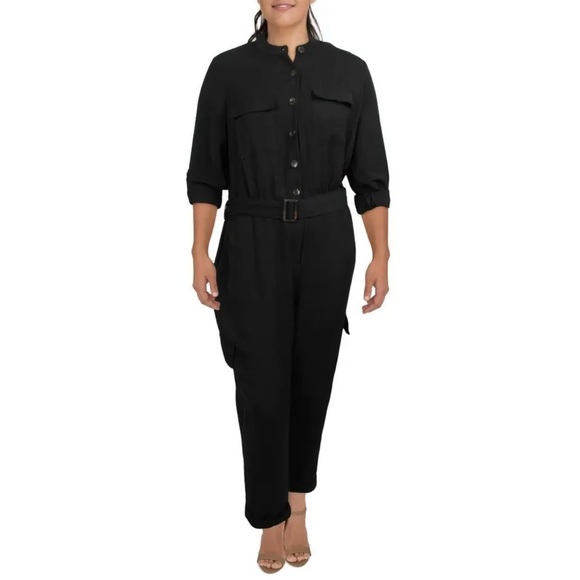 Vince Camuto Belted‎ Military Utility Safari Black Jumpsuit Size 12 - Picture 1 of 4